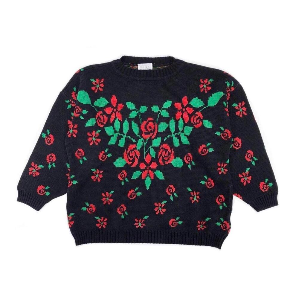 80s Black Floral Sweater 1980s Vintage